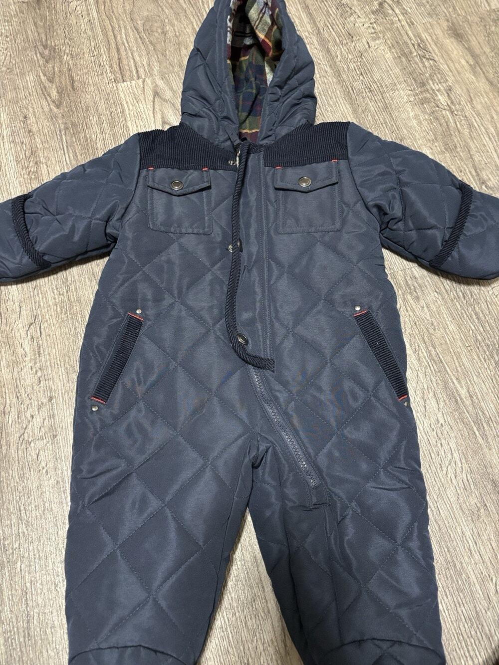 Rothschild Quilted Navy Plaid Lined Corduroy Trim Snow Suit Size 6-9 Months
